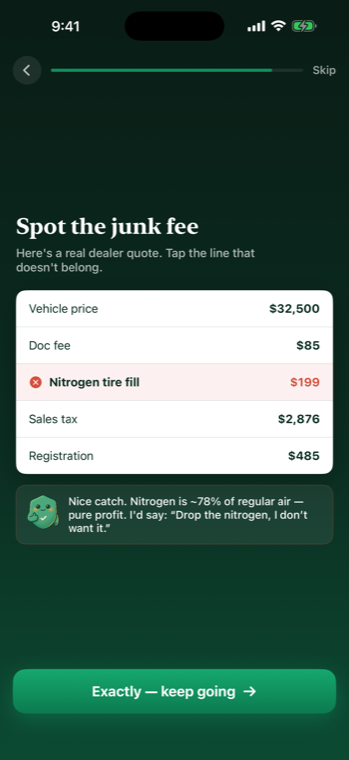 DealShield flagging a junk fee with a pushback script