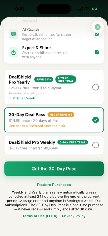 DealShield's in-app plan picker: the $19.99 30-Day Deal Pass marked NEVER RENEWS, alongside the yearly and weekly Pro subscriptions